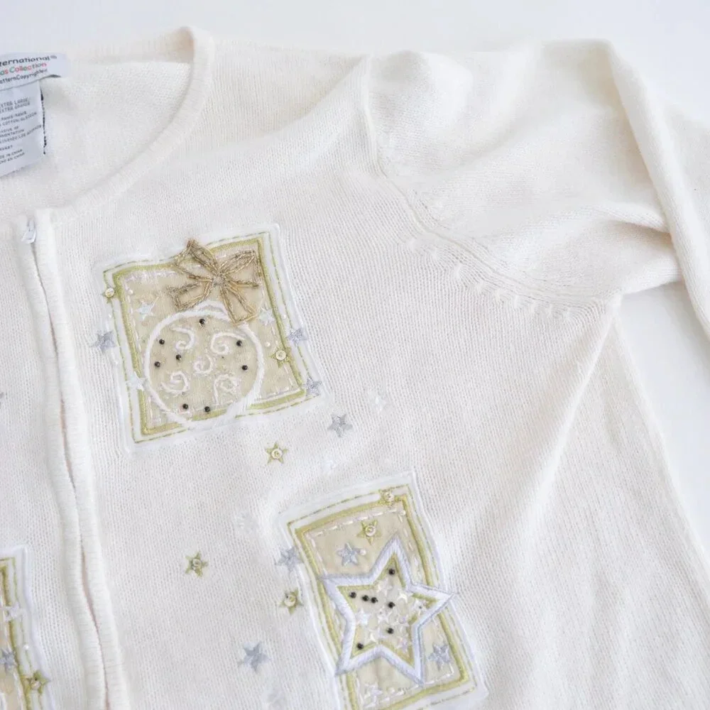 Vintage Tiara Cream Ugly Christmas Beaded Reindeer Zip Up Cardigan Sweater XL - Picture 8 of 16